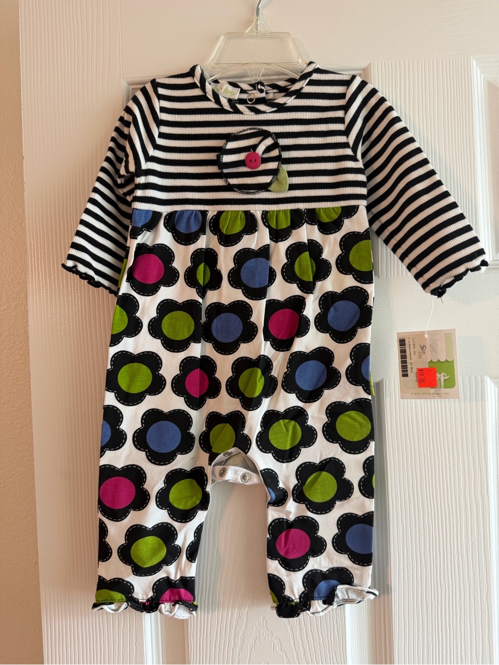 NWT Le Top 3M Flower Romper Black White Stripe Floral One Piece Baby Girl